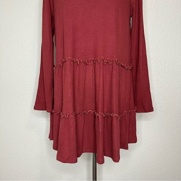 Pink Lily Burgundy Waffle Knit Tiered Ruffle Skirt Long Sleeves Dress - Picture 3 of 11